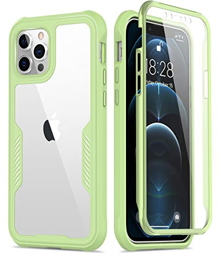 FUNMIKO iPhone 12 Pro Max Case,Clear Cover with Touch-Sensitive Built-in Screen Protector,Military Grade Pass 21ft. Drop Test Slim-fit Protective Phone Case for iPhone 12 Pro Max 6.7 Mint Green