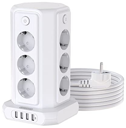 NTONPOWER Steckdosenleiste Überspannungsschutz 1080J mit Einzeln Schaltbar, 12 Fach Turm Mehrfachsteckdose USB, 16A/4000W Power Strip mit Blitzschutz, 3m Langs Kabel, Weiß