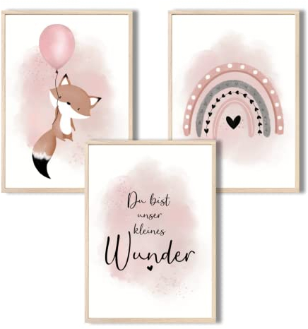 MeinBaby123® Bilder Kinderzimmer | 3er Set DIN A4 | Wandbilder | Poster | Mädchen und Jungen | Babyzimmer Deko | Wandposter Premium (Fuchs & Luftballon rosa)
