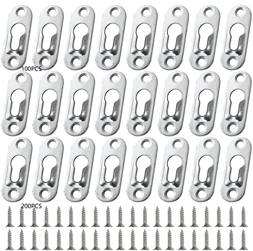 Schlüsselloch-Aufhänger 100 Stück Schlüssellochverschlüsse mit 200 Schraube Linsenkopfbeschläge Silber Schlüssellochaufhänger Metall Bildaufhänger zum Aufhängen von Bilderrahmen Spiegel 43x16mm