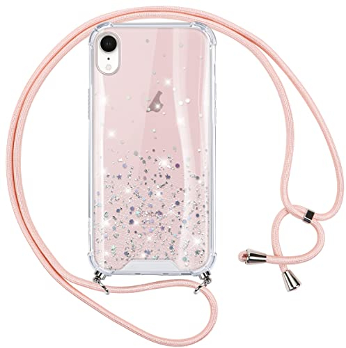 Vauki Coque Paillettes avec Cordon pour iPhone XR, Glitter Case avec Collier Silicone PC Antichoc Cover avec Réglable de Cordon Sparkle Etui pour iPhone XR, Rose