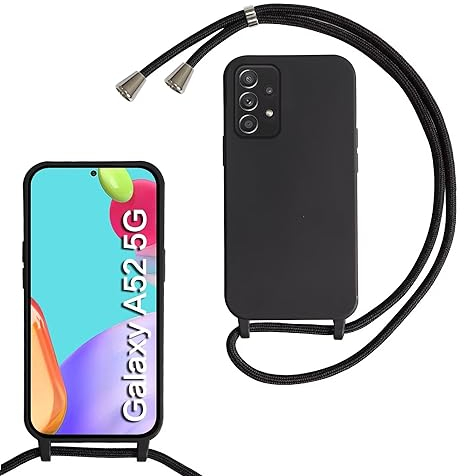 MBSLFY Silikon Handykette für Samsung Galaxy A52S/A52 5G Hülle mit Band, Silikon Necklace Handyhülle mit Abnehmbar Kordel zum Umhängen Stossfest Bumper Handy Schutzhülle für Samsung A52, Schwarz