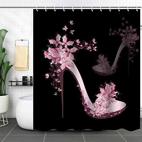 XYueww Rideau Douche,Chaussures à Fleurs 3D Rideau de Douche en Polyester Imprimé,Rigolo Résistant Antimoisissure Imperméable avec 12 Crochets,Salle de Bain Shower Curtain Maison Décor,150x200cm