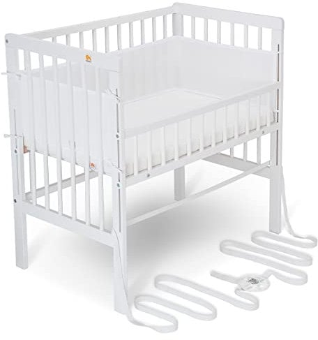 FabiMax Baby Beistellbett für Boxspringbett, TÜV geprüft 2022, inkl. Matratze und Nestchen aus Netzstoff, Buche massiv weiß, Classic/weiß