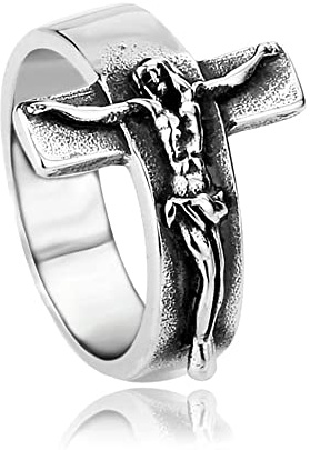 BlackAmazement 316L Edelstahl Ring Jesus und Kreuz Kruzifix silber Herren Damen (55 (17,5))
