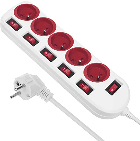 Regleta Maclean, Cable alargador de 5 Tomas, con interruptores, 250VAC/10A, 1,5m, MCE204 R/W