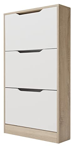 Duérmete Online - Mueble Zapatero con 3 Puertas, Estrecho, Modelo Ayen, Acabado en Color Cambria y Blanco, Medidas: 107 cm (Alto) x 60 cm (Ancho) x 17,3 cm (Fondo) Práctico y Funcional
