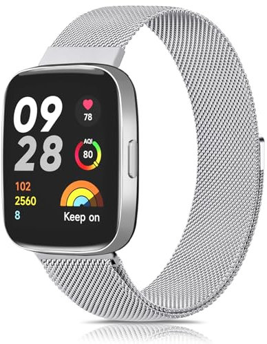 Vancle Correa para Xiaomi Redmi Watch 3 Active para Mujer Hombre, Correas de Metal, Pulseras de Repuesto Ajustable de Acero Inoxidable con Imán para Redmi Watch 3 Active, Plata