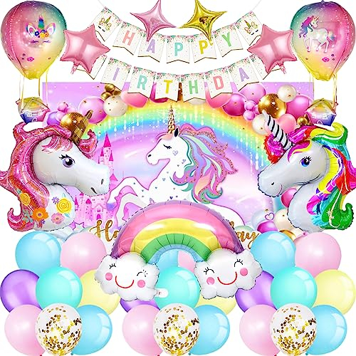 SWOKKTS Einhorn-Mädchen Geburtstagsdekoration, Rosa, Set mit Ballons, Hintergrundtuch, Banner, Macarons, Konfetti, Sternenballons und Zubehör