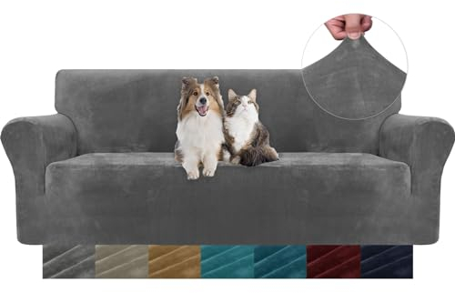 YSTELLAA Housse de Canapé en Velours, Housse Canape 3 Places, Sofa Cover Extensible, Universelle Housse pour Canapé avec Accoudoirs, Protection Canape Chat Chiens Griffures, Gris