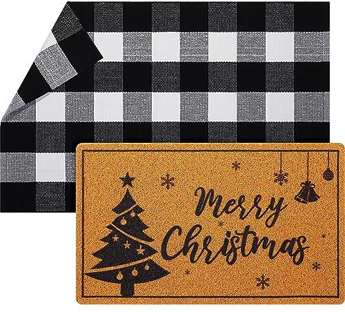 Geelin Weihnachts-Fußmatte, 71,1 x 109,9 cm, schwarz und weiß, Büffel, karierter Teppich, 45,7 x 76,2 cm, dekorativer Weihnachtsbaum, Kokosfaser, Willkommens-Fußmatte, Schichtteppich für Haustür