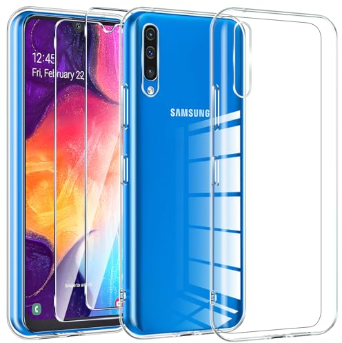 Kokio Crystal Clear Handyhülle für Samsung Galaxy A50/A50S mit 2 Stück Schutz Glas,Ultra Dünne Weiche Transparente TPU Silikon Schutzhülle,Vergilbungshemmende Kratzfeste