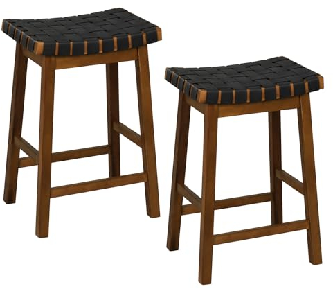 RELAX4LIFE Barhocker 2er Set, Hocker mit Kunstledergewebesitz & Holzrahmen, Küchenstuhl mit Fußstütze & Rutschfesten Fußpads, Sitzhöhe 65cm, Sattelbarhocker für Esszimmer Café, Braun+Schwarz