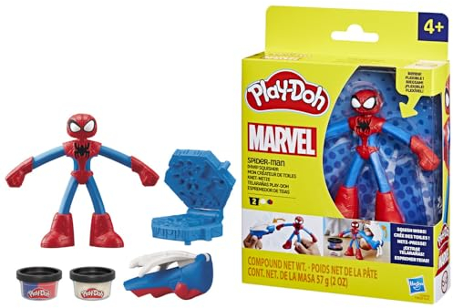 Play-Doh Spiderman Thwip Squisher, 2 Dosen Modelliermasse, Bastelset mit 10 cm große Actionfigur und Stempelformen, Superhelden-Figur mit Abzeichen, kreatives für Kinder ab 3 Jahren