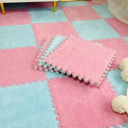 Plush Foam Floor Tiles Mat, Interlocking Puzzle Area Rug, Bedroom Soundproof Carpet Mats, Soft Foam Floor Mat for Home Playroom Gym Yoga Decoration (20Pcs,Blue and Pink)