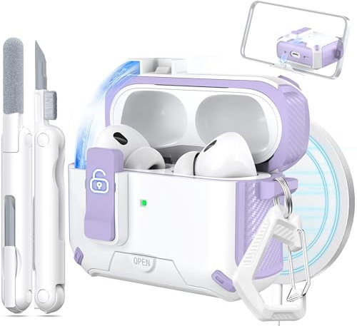MHYALUDO Cover per AirPods Pro 2a/1a Generazione, Compatibile con Magsafe, Chiusura Magnetica Automatica, Porta di Ricarica Antipolvere e Design Supporto con Kit di Pulizia, Viola Uva/Bianco Neve