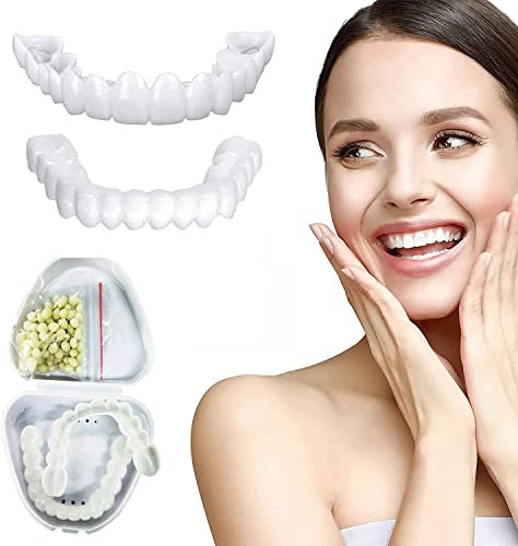 Giural 2 Paar Zähne Veneers Zahnprothese Extra DüNn Comfort Fit Schönes lächeln Sicherer Provisorischer Zahnersatz Ober Und Unterkiefer FüR SchöNe, KüNstliche ZäHne Für Männer und Frauen