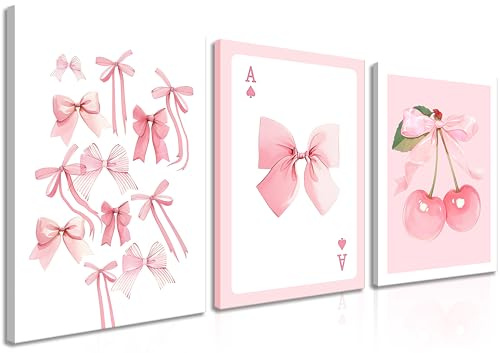 Trendy Pink Bows Canvas Wall Art Set of 3, Vintage Preppy Cherry Posters Prints, Pink Girly Room Aesthetic Wall Decor Painting for College Apartment Living Room Bedroom 12x16 In Framed