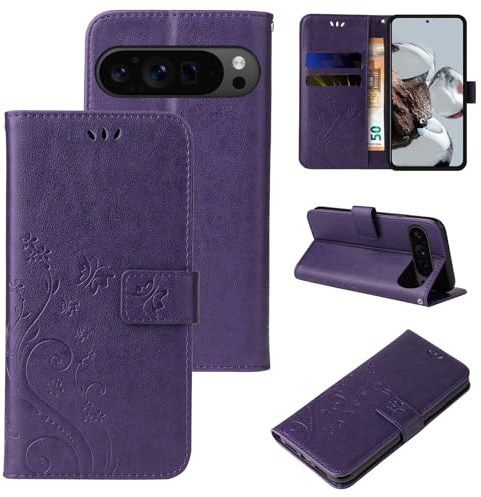 LBH Handy Hülle für Google Pixel 9 Pro XL Case Handytasche Schmetterling Blumen Flower Standfunktion Schutzhülle Magnet Rundum Schutz 360 Grad Flipcase Cover Violett
