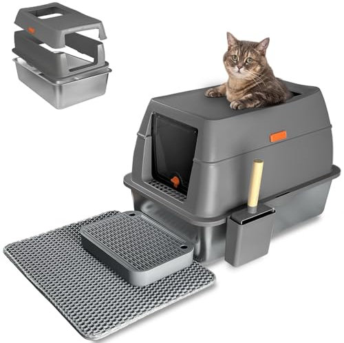 Bac Litière Chat en Acier Inoxydable - Caisse Fermée Maison Toilette Avec Ouverture Haut Anti Odeur, Tapis et Pelle (Gris Foncé 1)