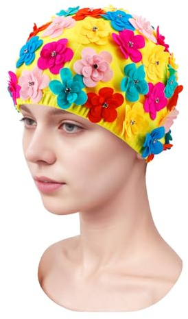 Medifier Cuffia da bagno vintage floreale con petali per donne e ragazze, turbante da nuoto elastico retrò con fiori, strass accenti multicolore