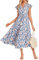 GRACE KARIN Damen Freizeit Sommer Midi Kleid mit flatternden Ärmeln fließend V-Ausschnitt Maxi Sonnenkleid mit Taschen hohe Taille fließendes Kleid Blau Weiß Floral M