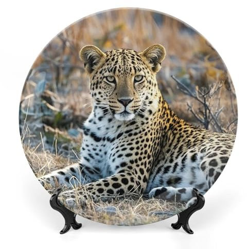 DWTJKMS Dekorativer Teller aus Knochenporzellan mit Leopardenmuster, 25,4 cm, bedrucktes Muster, Keramikteller mit Präsentationsständer, Speiseteller, Kunsthandwerk, Ornamente zum Aufhängen an der