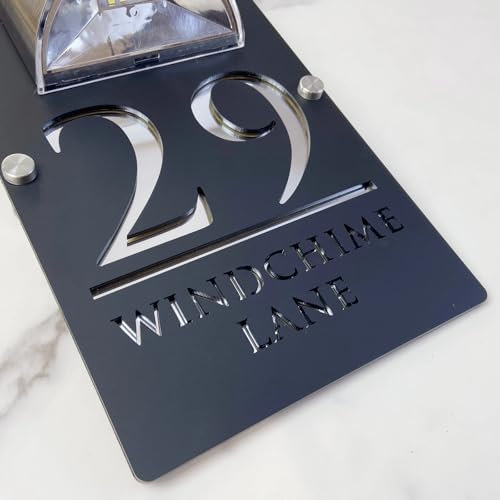 Personalized Solar Modern Door Plaque LED Light Up Outdoor Address Plaque Custom Solar-Powered Lighted Number Plate Sign House Decoration for Wall Sign (black silver,20x33cm)