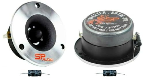 KIT Set pour SP Audio SPTW28 2 tweeters Ultra Slim 100 Watt rms et 200 Watt Max, diamètre 9,40 cm, sensibilité 107 DB, Profondeur Seulement 4,2 cm, par Paire + condensateurs gratuits