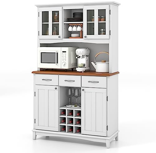 COSTWAY Küchenschrank, Küchenbuffet mit 3 Schubladen, Schränke, Weinregal, offenen Regalen und Arbeitsplatte, Buffetschrank Hochschrank mit verstellbaren Regalen, 112 x 43 x 184,5 cm, Weiß