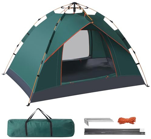 Putentfun Camping Tent, Pop up Tent 3 Person Family Dome Tents, 4 Season Large Automatic Instants Tent Waterproof Windproof with 2 Mesh Doors, Storage Bag for Camping Hiking Backpacking - Green