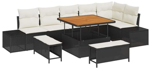vidaXL 9-teiliges Garten-Sofa-Set mit Kissen in Schwarz aus Poly-Rattan und Creme für draußen – Modulares Eckmöbel für Balkon und Terrasse, riesige Sitzgelegenheit für die Patio Lounge