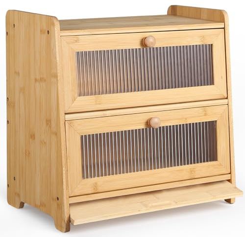 HAUSPROFI Panera de bambú de 2 niveles, panera de madera con tabla de cortar, ventilación ondulada, ventana visible, elegante caja de pan de cocina para guardar pan, 40 x 25 x 40 cm, grande