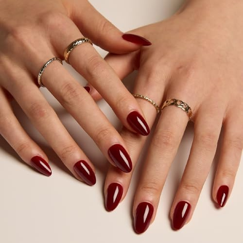LAMIMOSA 32Pcs Press On Nails Short Almond, Burgundy Red False Nails with Glue, Soft Gel Fake Nails in 16 Sizes, Reusable Stick On Nails Kit, TUSCAN WINE