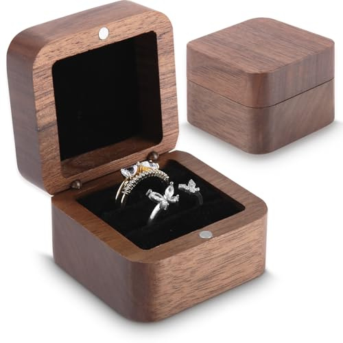 Kavixo Ringbox Hochzeit,Ringbox Hochzeit 2 Ringe,Ring Box Hochzeit,Ringbox Holz,Ringschatulle Schwarzer Samt Verkleidung - Ringschatulle, Ringbox Zwei Ringe, Verlobung