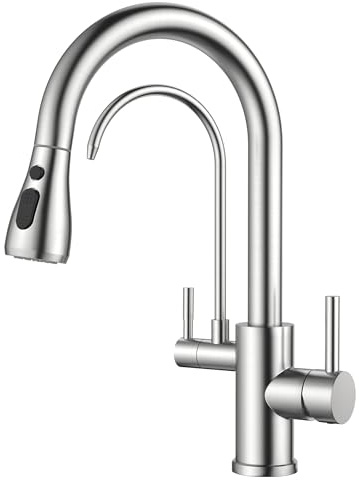 FORIOUS Robinet Cuisine, 3 Voies Mitigeur Cuisine, Robinet Evier pivotant à 360° avec robinet d'eau potable et douchette extractible, Mitigeur à double poignées, Acier Inoxydable