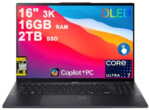 acer Swift 16 AI Laptop 16 pollici 3k OLED 120Hz Touch (100% DCI-P3) Intel 8-core Ultra 7 256V (fino a 47 top) 16 GB RAM 2 TB SSD retroilluminato impronte digitali per lavoro di design Win11 ICP Hub w