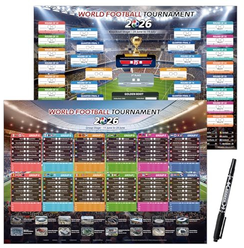 AhfuLife 2Pcs World Football Wall Chart for Party Decorations 2026 - A1 Sizes World WallChart Poster - Includes 48 Teams Group Knockout Final Results Wall Calendar (Folded, A1-83cm x 59cm)