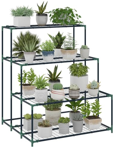 Outsunny Soporte para Plantas de 4 Niveles 94x84x110 cm Verde Oscuro | Estantería para Plantas de Acero, Diseño en Escalera, Soporte para Macetas para Interior y Exterior, Jardín, Balcón, Patio