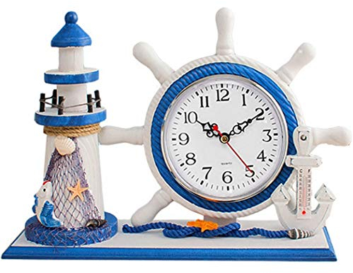 SWHONG Holz Mediterrane Kunstuhr Shabby Chic Leuchtturm Ornament Kinder Tischuhr für Badezimmer Küche
