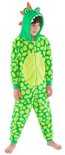 Animal Crazy Onesie Girls Boys Kids Childrens Fleece Onesies Jumpsuit Playsuit One Piece UK Seller - Green Spot Dinosaur - 13 Years