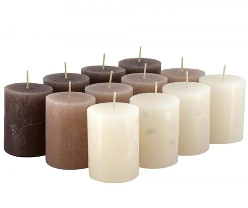 Rustikale Stumpenkerzen – 12 Stück - Wachskerzen/Rustickerzen/Adventskerzen Weihnachten (Nature Color-Mix, Klein: Höhe 8cm / Ø 6cm)