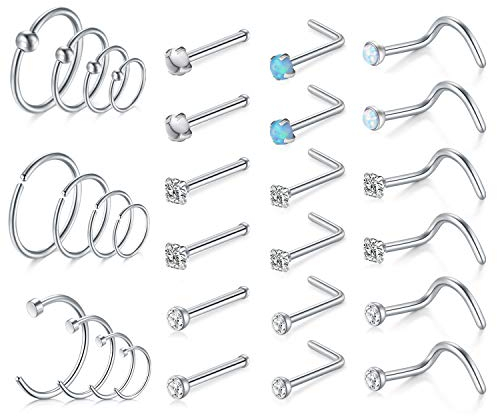 Mayhoop Nasenring Nasenpiercing 20 Gauge Set Chirurgenstahl L Förmig Nasenstecker Spirale Nase Stecker mit Strass Nase Piercing Schmuck 30Stk Silber Farbe
