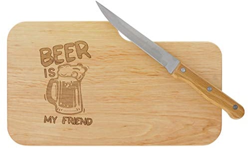 LASERHELD | Brotzeitbrett Holz mit Gravur “Beer is My Friend” & Messer | 26 x 15 cm | Frühstücksbrettchen Holz Schneidebrett Jausenbrett | Geschenk für Männer als Vatertagsgeschenk
