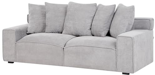 Beliani 3-Sitzer Sofa Stoffbezug Cord hellgrau mit 5 Dekokissen breite Armlehnen Viskan