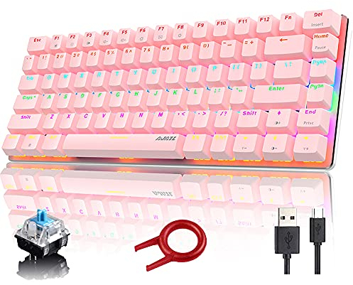 Mechanical Keyboard, AK33 Rainbow LED Backlit USB Wired Mechanical Gaming Keyboard, 82-Key Compact Mechanical Gaming Keyboard with Anti-ghosting Keys (Blue, Pink Switch) …