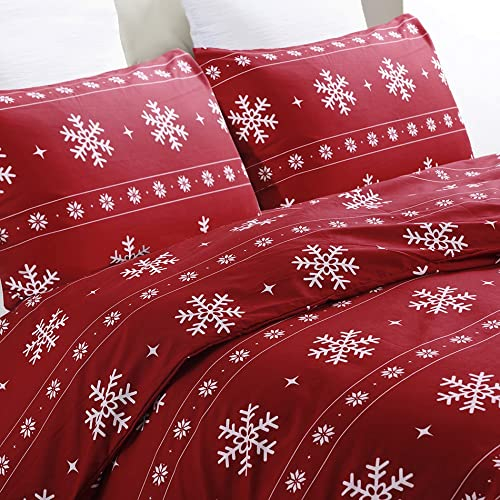 YEPINS Weihnachten Bettwäsche 200x200 Rot Schneeflocken Mikrofaser Weihnachts Motiv Bettbezug Set 3 teilig - 1 Bettbezug 200x200 cm mit Reißverschluss + 2 mal 80x80cm Kissenbezug