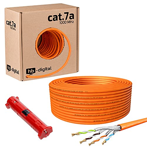 HB-DIGITAL 50m CAT.7a Netzwerkkabel Orange Verlegekabel Ethernet LAN AWG23 Reines Kupfer S/FTP PiMF LSZH Halogenfrei RoHS-Compliant Installation Datenkabel PoE 10Gbit/s max. 1200MHz + Abisolierer