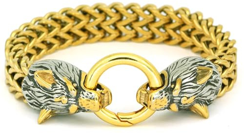 ZFSBRTL Herren Wikinger Wolf Armband, Nordische Mythologie Odin Wolf Kopf Fenrir Schädel Kette, Edelstahl Geflochtene Rune Amulett Schmuck Gothic Geschenk
