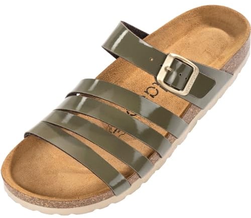 Palado Damen Pantoletten Roma - bequeme Sandaletten mit Kork-Fussbett - modische Hausschuhe mit verstellbarem Riemen - Sandalen für Frauen mit Leder-Laufsohle Lack Grün Olive UK5,5 - EU38